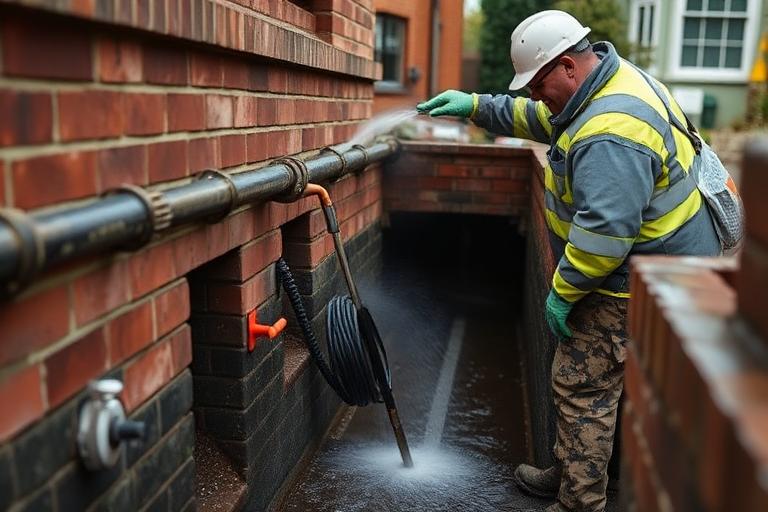 Drainage professional performing preventative drain cleaning maintenance at a commercial property