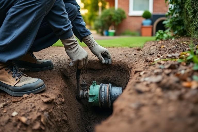 Professional plumber repairing a cracked underground drainage pipe in a residential garden trench