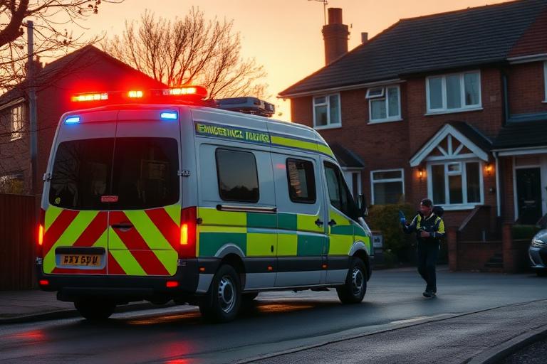 Emergency drainage response van with lights arriving at a residential property for urgent drain repair at dusk