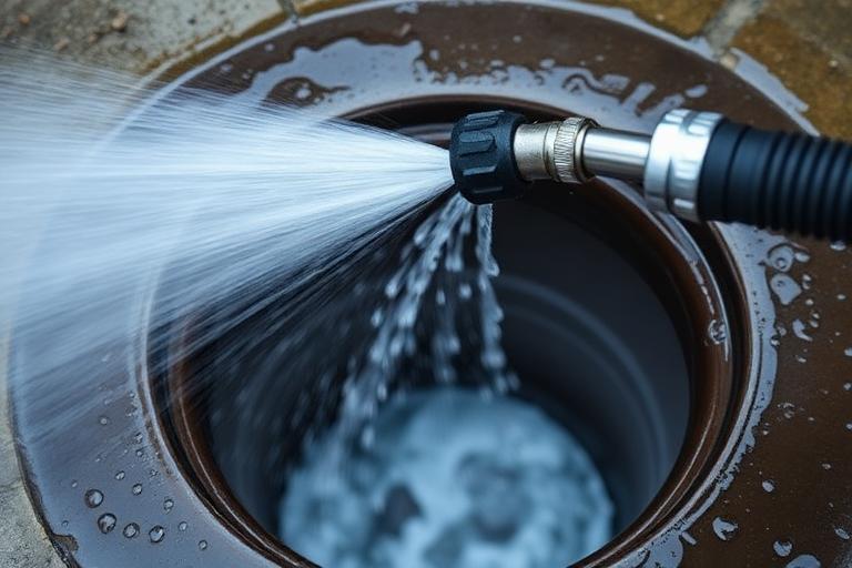 High-pressure water jetting nozzle spraying a powerful jet of water into a drain to clear a stubborn blockage